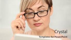  Presentation with infrastructure computer - Presentation theme consisting of woman with glasses and tablet background and a  colored foreground