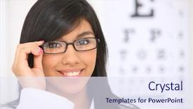  Presentation with eye - Audience pleasing theme consisting of woman with glasses eye chart backdrop and a sky blue colored foreground