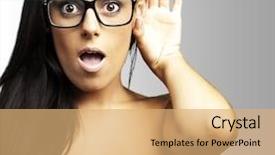  Presentation with web hearing - Amazing PPT theme having woman with glasses hearing something backdrop and a  colored foreground