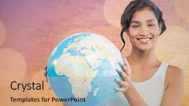  Presentation with digital globe on forex - PPT theme featuring composite of woman with globe background and a coral colored foreground