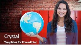  Presentation with tv news globe - PPT theme consisting of woman with globe against orange background and a tawny brown colored foreground
