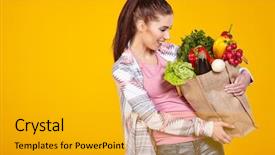  Presentation with vegan food - Beautiful presentation theme featuring woman with green vegan food backdrop and a gold colored foreground