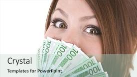  Presentation with community service happy volunteer group - Colorful presentation enhanced with woman with group of money backdrop and a  colored foreground