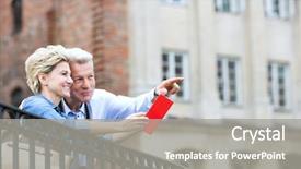  Presentation with aged - Audience pleasing PPT theme consisting of woman with guidebook in city backdrop and a  colored foreground