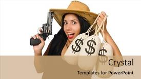  Presentation with functions of money - Beautiful presentation featuring woman with gun and money backdrop and a coral colored foreground