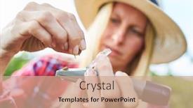  Presentation with harvest - PPT theme having woman-with-hand-refractometer-measures background and a coral colored foreground