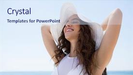  Presentation with woman hands raised to sky - Beautiful presentation featuring woman with hands behind head backdrop and a sky blue colored foreground