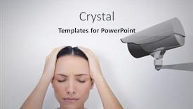  Presentation with cctv-camera - Presentation design with woman with headache against cctv camera background and a light gray colored foreground