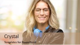  Presentation with young college student diagnosis of chlamydia - Beautiful presentation design featuring woman with headphones holding something backdrop and a  colored foreground