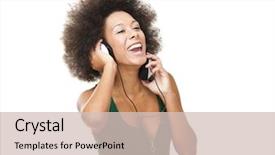  Presentation with music headphones - Beautiful presentation theme featuring woman with headphones listen music backdrop and a soft green colored foreground