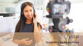  Presentation with recording - Audience pleasing presentation theme consisting of woman-with-headset-recording-video backdrop and a coral colored foreground