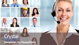  Presentation with faces - Colorful PPT theme enhanced with woman with headsets and workers faces collage backdrop and a dark gray colored foreground