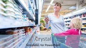  Presentation with woman child - Beautiful slides featuring woman with her child in fresh department of supermarket having the shopping list on her phone backdrop and a light blue colored foreground