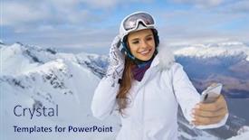  Presentation with blue mountain - PPT theme having woman with her smartphone camera shot selfie on the top of mountain under blue sky with sunlight at sunny winter day travel vacation mountains background background and a light blue colored foreground