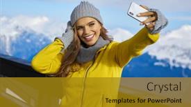 Presentation with blue mountain - Slide set having woman with her smartphone camera shot selfie on the top of mountain under blue sky with sunlight at sunny winter day travel vacation mountains background background and a gold colored foreground