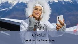 Presentation with blue mountain - Audience pleasing presentation design consisting of woman with her smartphone camera shot selfie on the top of mountain under blue sky with sunlight at sunny winter day travel vacation mountains background backdrop and a seafoam green colored foreground