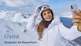  Presentation with blue mountain - Slide set featuring woman with her smartphone camera shot selfie on the top of mountain under blue sky with sunlight at sunny winter day travel vacation mountains background background and a lemonade colored foreground