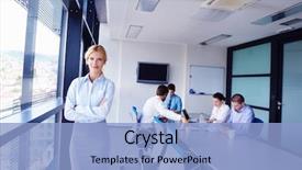 Presentation with woman business - Audience pleasing theme consisting of woman with her staff people backdrop and a light blue colored foreground