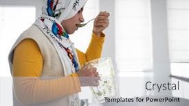  Presentation with smoothie - Presentation design enhanced with woman-with-hijab-drinking-green background and a light gray colored foreground