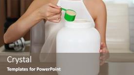  Presentation with protein - Theme having woman with jar and scoop of protein powder at table background and a tawny brown colored foreground