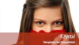  Presentation with camera - PPT layouts having woman with knitted jersey looks at camera background and a crimson colored foreground