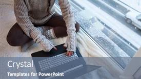  Presentation with broken home - Slide set with woman-with-laptop-and-gloves background and a ocean colored foreground