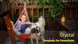  Presentation with home office - Theme featuring woman-with-laptop-and-white background and a tawny brown colored foreground