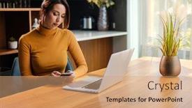  Presentation with laptop - Slide set with woman-with-laptop-at-home background and a  colored foreground