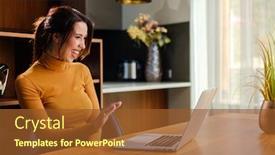  Presentation with home - PPT theme having woman-with-laptop-at-home background and a tawny brown colored foreground