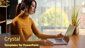  Presentation with laptop - Amazing presentation design having woman-with-laptop-at-home backdrop and a tawny brown colored foreground