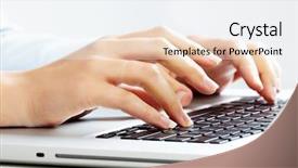  Presentation with computer - PPT theme consisting of woman with laptop computer keyboard background and a white colored foreground