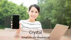  Presentation with laptop blank screen - PPT layouts featuring woman with laptop computer and show with the blank screen of cellphone background and a coral colored foreground