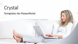  Presentation with beautiful black women smiling - Colorful PPT layouts enhanced with woman with laptop cosy home backdrop and a  colored foreground