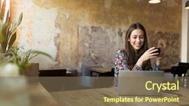  Presentation with young man holdng laptop on lap money - PPT layouts consisting of woman with laptop in cafe background and a violet colored foreground