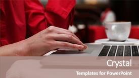  Presentation with cafe - Beautiful PPT theme featuring woman with laptop in cafe backdrop and a coral colored foreground