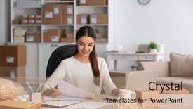  Presentation with man watching woman preparing vegetables - Audience pleasing PPT theme consisting of woman with laptop preparing parcel backdrop and a coral colored foreground