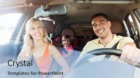  Presentation with safety transport - Presentation design consisting of woman with little child driving background and a light blue colored foreground