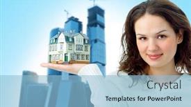  Presentation with buildings - Theme having woman with little house on hand on business glass buildings background and a light blue colored foreground