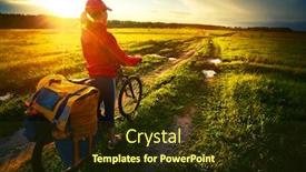  Presentation with rural road - Presentation design featuring woman with loaded bicycle on the wet unpaved rural road at sunset background and a tawny brown colored foreground