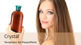  Presentation with hair shampoo - Colorful slide set enhanced with woman with long hair holding bottle of shampoo isolated on white backdrop and a coral colored foreground