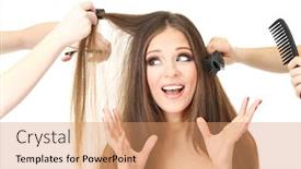  Presentation with hair salon - Colorful presentation enhanced with woman with long hair in beauty salon isolated on white backdrop and a coral colored foreground