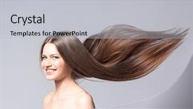  Presentation with long hair - Cool new slide deck with woman with long straight hair backdrop and a light gray colored foreground