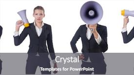  Presentation with white and black woman climbing ladders - PPT theme consisting of woman with loudspeaker on white background and a  colored foreground