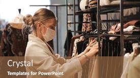  Presentation with clothes shop - Presentation design featuring woman-with-mask-chooses-clothes background and a tawny brown colored foreground