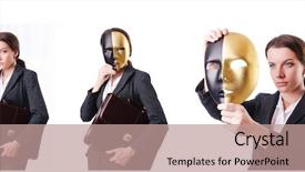  Presentation with hypocrisy - Presentation theme enhanced with woman with mask in hypocrisy concept background and a coral colored foreground