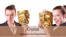  Presentation with hypocrisy - Audience pleasing presentation theme consisting of woman with mask in hypocrisy concept backdrop and a coral colored foreground