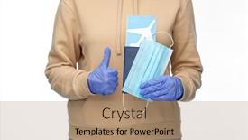  Presentation with ticket - Amazing PPT layouts having woman-with-mask-passport backdrop and a coral colored foreground