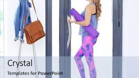  Presentation with grappling mat - PPT theme featuring woman with mat opening door background and a  colored foreground