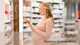  Presentation with medicine pregnant woman - Slides consisting of woman with medication at pharmacy background and a coral colored foreground