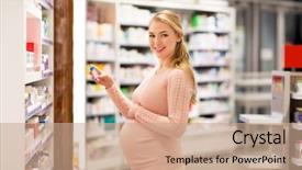  Presentation with medicine pregnant woman - PPT layouts featuring woman with medication at pharmacy background and a coral colored foreground